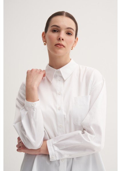 Beyaz %100 Pamuk Yazlık Midi Gömlek