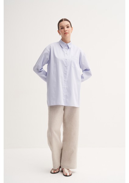Açık Mavi %100 Pamuk Yazlık Midi Gömlek
