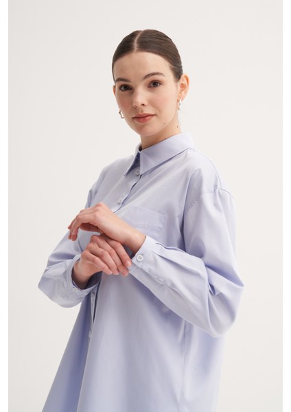 Açık Mavi %100 Pamuk Yazlık Midi Gömlek