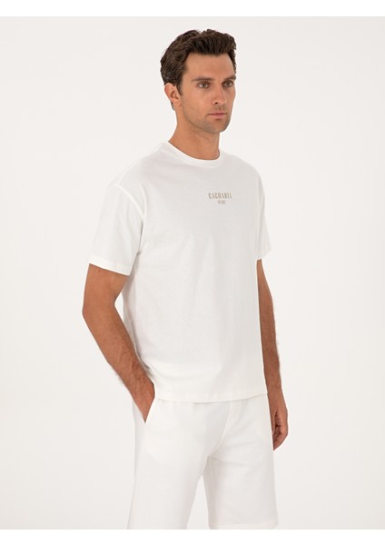 Erkek Ekru Oversize %100 Pamuk Bisiklet Yaka T-Shirt 50302511-VR019 modelleri
