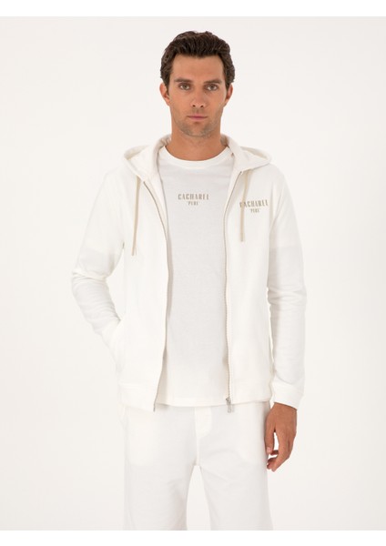 Erkek Ekru Regular Fit %100 Pamuk Tam Fermuarlı Kapüşonlu Sweatshirt 50302481-VR019