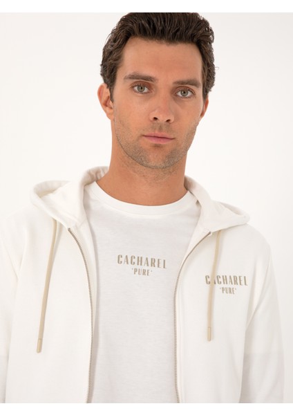 Erkek Ekru Regular Fit %100 Pamuk Tam Fermuarlı Kapüşonlu Sweatshirt 50302481-VR019