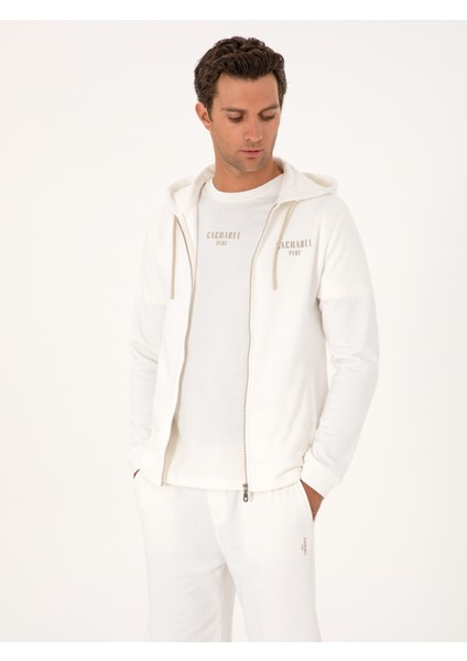 Erkek Ekru Regular Fit %100 Pamuk Tam Fermuarlı Kapüşonlu Sweatshirt 50302481-VR019