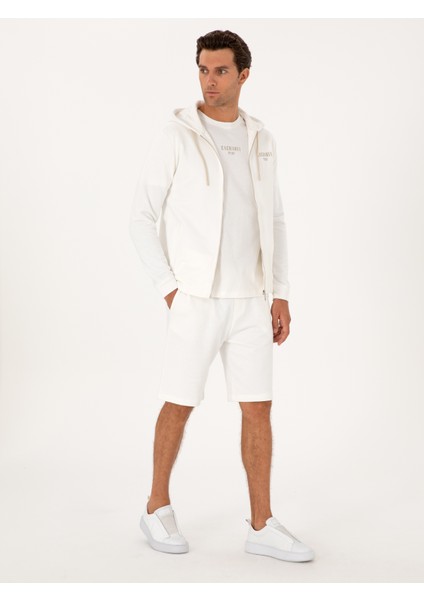 Erkek Ekru Regular Fit %100 Pamuk Tam Fermuarlı Kapüşonlu Sweatshirt 50302481-VR019