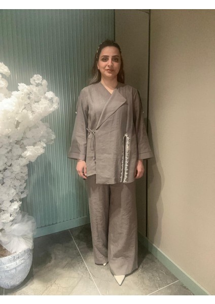 Taşlı Keten Gömlek Takım