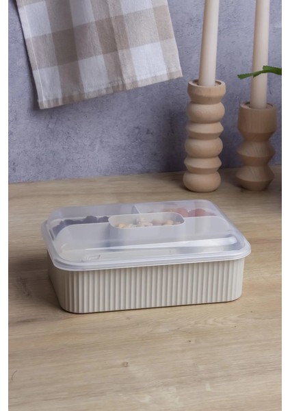 Çizgili 5 Bölmeli Beslenme Kutusu Çatal Kaşıklı Şeffaf Kapaklı Sızdırmaz Lunch Box Okul Ofis (1 Adet) modelleri