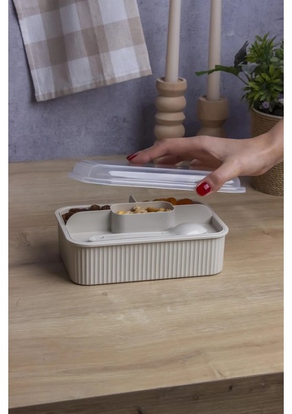 Çizgili 5 Bölmeli Beslenme Kutusu Çatal Kaşıklı Şeffaf Kapaklı Sızdırmaz Lunch Box Okul Ofis (1 Adet) indirimleri