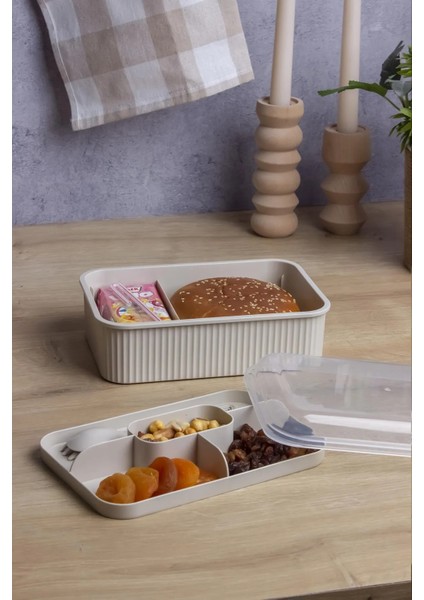 Çizgili 5 Bölmeli Beslenme Kutusu Çatal Kaşıklı Şeffaf Kapaklı Sızdırmaz Lunch Box Okul Ofis (1 Adet)