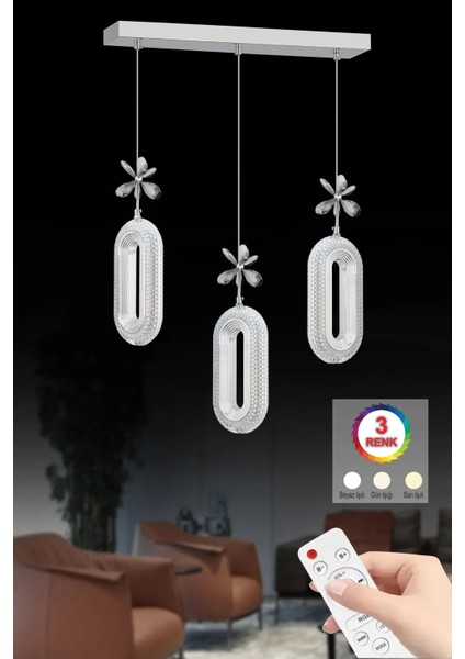 LED Alfa 3'lü Sıralı Gümüş Yemek Masası Kumandalı 3 Renk Ledli Kristal Taşlı Modern LED Avize