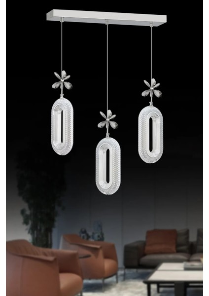 LED Alfa 3'lü Sıralı Gümüş Yemek Masası Kumandalı 3 Renk Ledli Kristal Taşlı Modern LED Avize modelleri