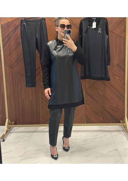 Deri Kombinli Taş Detaylı Tunik