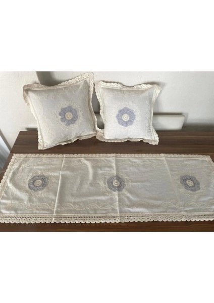 Krem Dantel Işlemeli Runner ve Kırlent Kılıfı Takımı – 3 Parça Salon Seti fiyatları