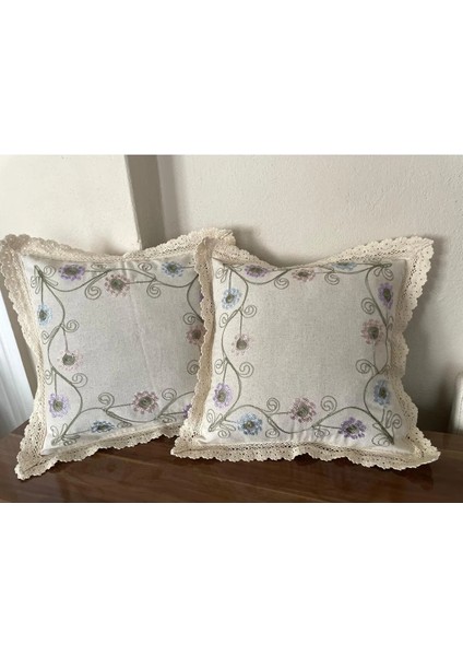 Nakışlı Çiçek Desenli Dantel Kenarlı 2’li Kırlent Kılıfı – 40X40 cm modelleri