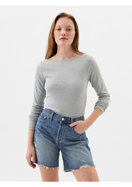 Kadın Gri Kayık Yaka Modal T-Shirt
