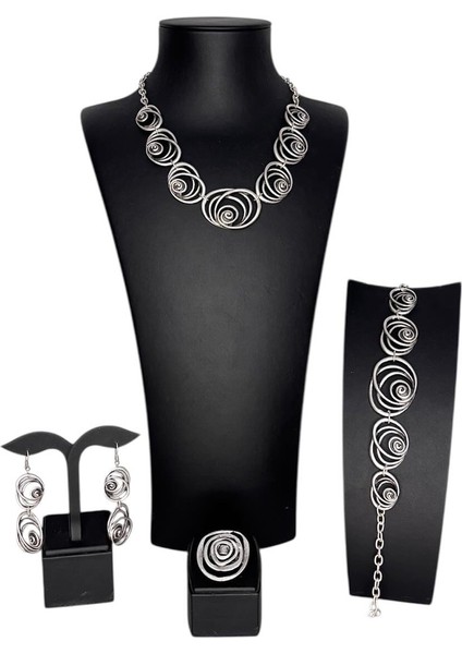 Gümüş Kaplamalı Zamak Set, Sarmal (Kolye, Bileklik, Küpe, Yüzük)