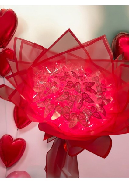 Kırmızı Kelebek Buketi Yapay Çiçek Kalıcı Hediye