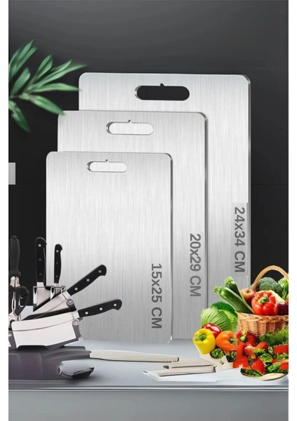 Paslanmaz Çelik Kesme Tahtası 3 Farklı Boy Hijyenik Antibakteriyel Kırılmaz Sağlıklı