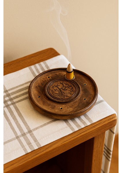 Hayat Ağacı Temalı Yuvarlak Ahşap Tütsülük | Tree Of Life Round Wooden Incense Holder