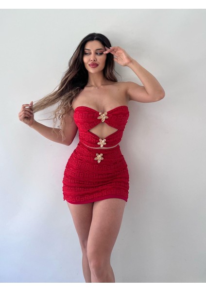 Kırmızı Dantel Strablez Tokalı Etekli Ikili Takım