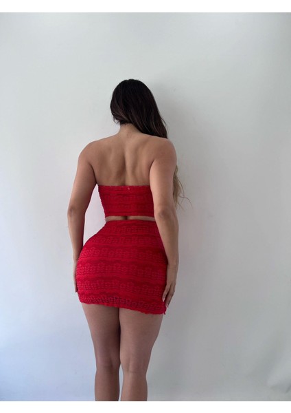 Kırmızı Dantel Strablez Tokalı Etekli Ikili Takım fiyatları