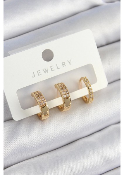 Pirinç Zirkon Taşlı Halka Model Gold Renk 3'lü Çift Kadın Küpe Set