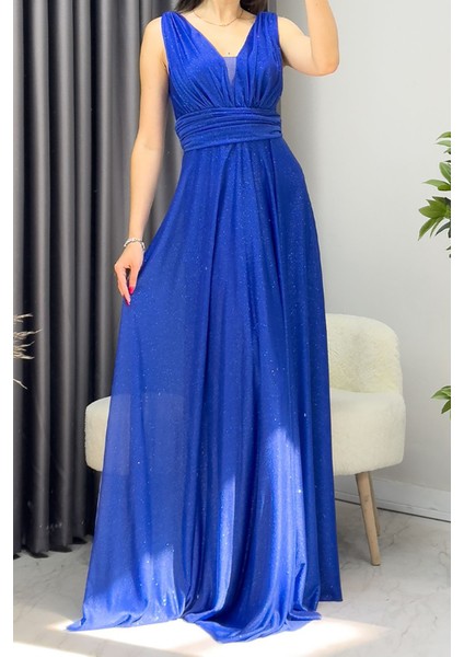 Kadın Saks Drapeli Tül Abiye Elbise NB2030 fiyatları