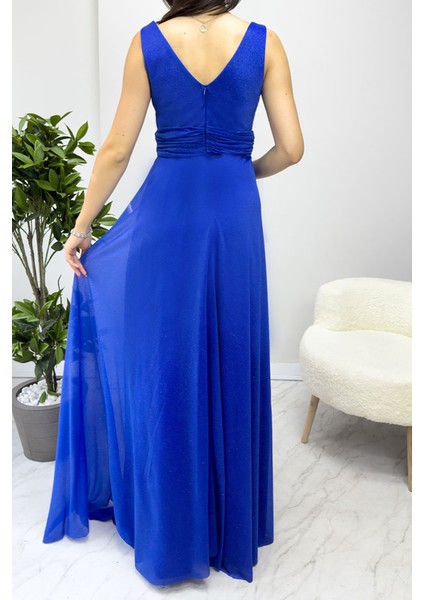 Kadın Saks Drapeli Tül Abiye Elbise NB2030 modelleri