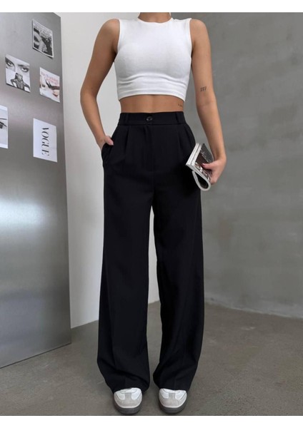 Kadın Arkası Lastikli Dabıl Kumaş Palazzo Pantolon – Yüksek Bel, Bol Paça, Rahat ve Şık