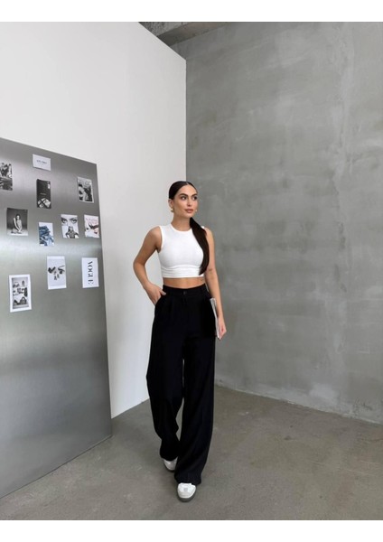 Kadın Arkası Lastikli Dabıl Kumaş Palazzo Pantolon – Yüksek Bel, Bol Paça, Rahat ve Şık fiyatları