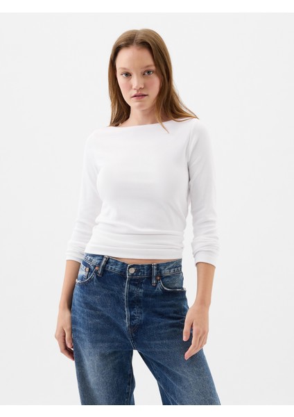 Kadın Beyaz Kayık Yaka Modal T-Shirt