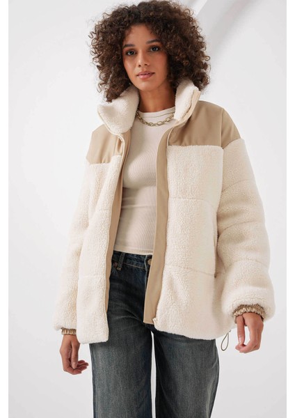 Şişme Peluş Ekru Kadın Mont 5196