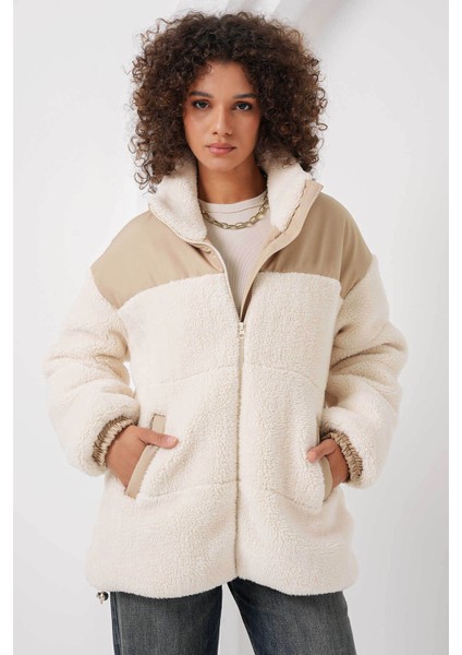 Şişme Peluş Ekru Kadın Mont 5196 modelleri