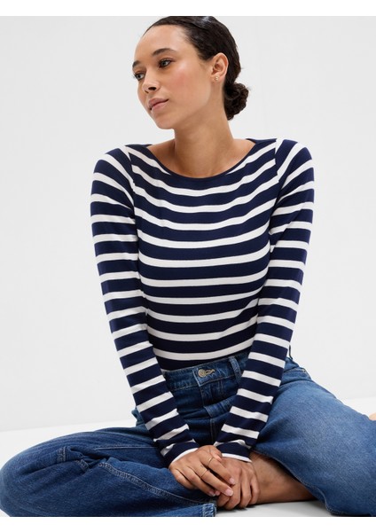 Kadın Lacivert Çizgili Uzun Kollu T-Shirt