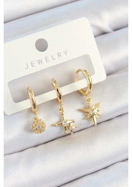 Pirinç Zirkon Taşlı Yıldız Model Gold Renk 3'lü Çift Kadın Küpe Set