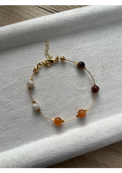 Rodonit / Ay Taşı / Karnelyan Taşlı Altın Kaplama Bileklik