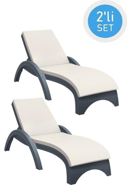 TRK-860 Siesta Fiji Bej Minderli Rattan Desenli Ayarlanabilir Lüks Şezlong Koyu Gri 2'li Set
