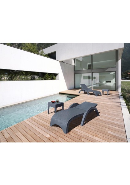 TRK-860 Siesta Fiji Bej Minderli Rattan Desenli Ayarlanabilir Lüks Şezlong Koyu Gri 2'li Set