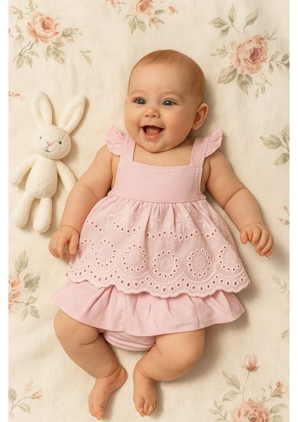 Yenidoğan Kız Bebek 3-6-9 Ay Şortlu Etek ve Brodeli Askılı Üst 2'li Takım Yazlık