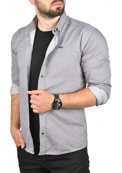 Dar Kesim Çıt Çıt Düğmeli Pamuklu Kot Gömlek Likralı Spor Gömlek 2300412