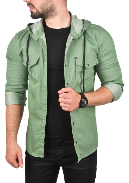 Kapüşonlu Cepli Slim Fit Likralı Kot Gömlek 2300396