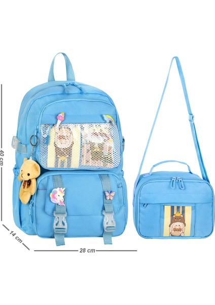 Waddell Kawaii Kore Tarzı Aksesuarlı Mavi Ilkokul Sırt Çantası Kız ve Isı Yalıtımlı Termoslu Beslenme Çantası Set