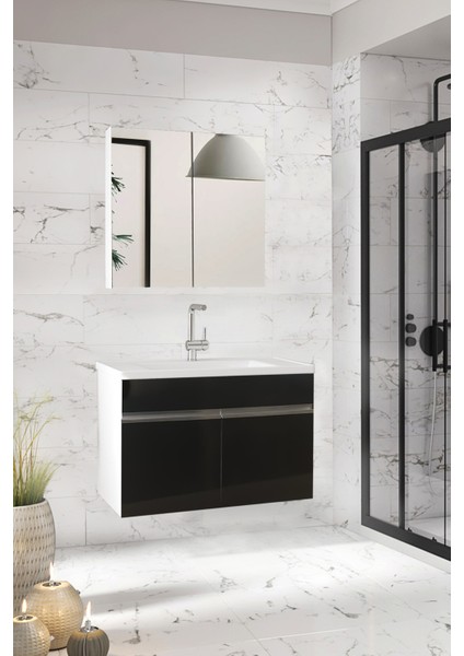 Visen EA Beyaz-Siyah Seramik Lavabolu Banyo Dolabı Takımı Komple Mdf, Hazır Kurulu