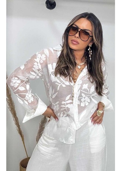 Yeni Organze Efekt Yarı Transparan Gömlek