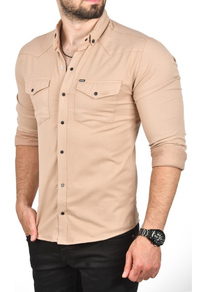 Slim Fit Dar Kesim Pamuklu Spor Gömlek Çıtçıtlı Likralı Gabardin Gömlek 2300421