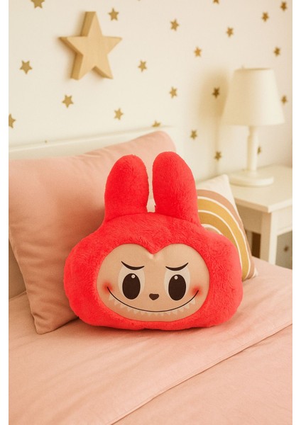 Labubu Peluş Dekoratif Yastık, Uyku Arkadaşı Labubu Peluş Oyuncak 35 cm Fosfor Pembe