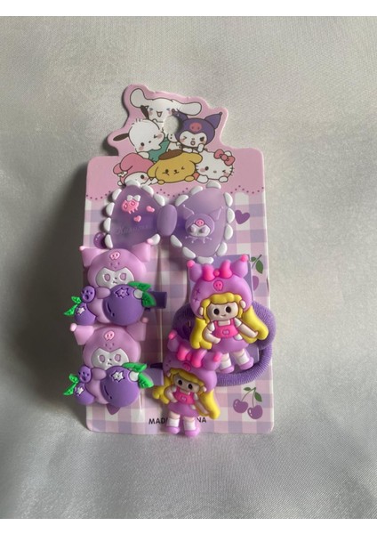 Kuromi Lastikli ve Çıt Çıtlı 5'li Çocuk Toka Seti Hediyelik Bayram Karne (1 Paket )