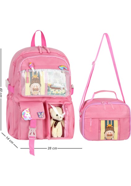Waddell Kawaii Kore Tarzı Aksesuarlı Pembe Ilkokul Sırt Çantası Kız ve Isı Yalıtımlı Termoslu Beslenme Çantası Set