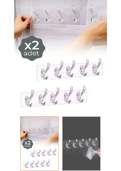 Şeffaf Askı Yapışkanlı 5'li Askılık Kapı Duvar Askısı