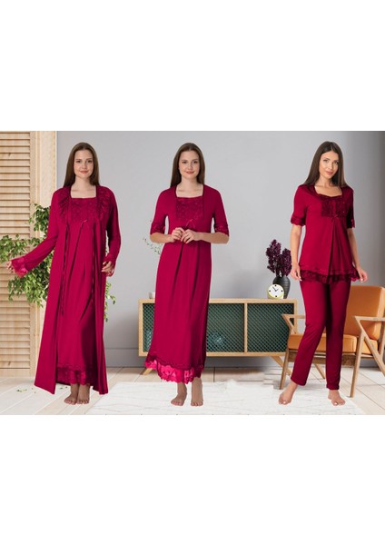 Dvina Effortt Lohusa 4'lü Set - Sabahlık/pijama Takımı/gecelik Fuşya - 6036
