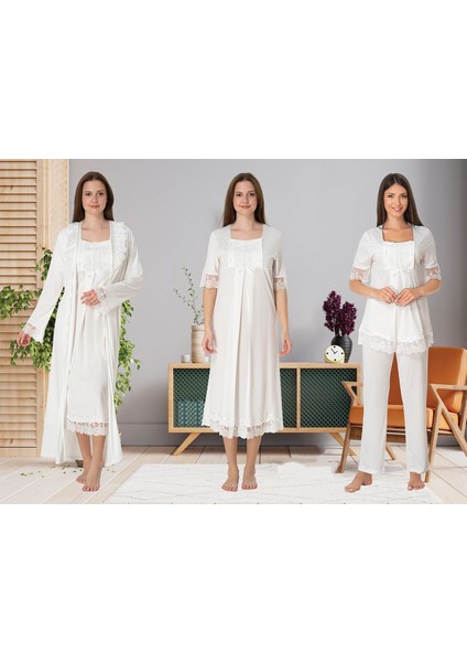 Dvina Effortt Lohusa 4'lü Set - Sabahlık/pijama Takımı/gecelik Ekru - 6036